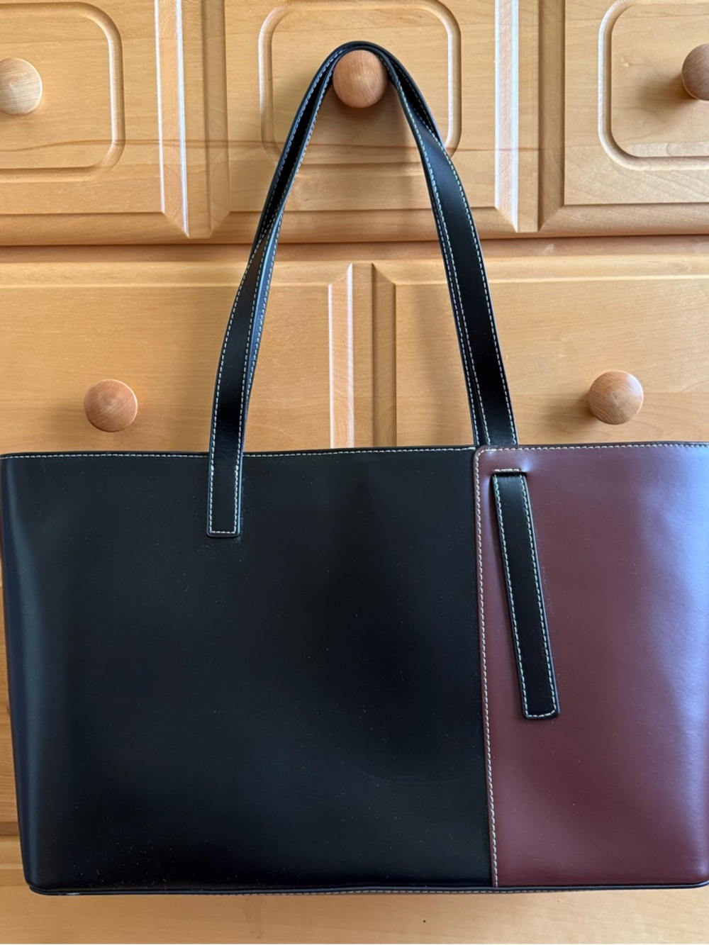 STAUD Two-Panel Leather Tote in Burgundy and Black - Picture 4 of 7